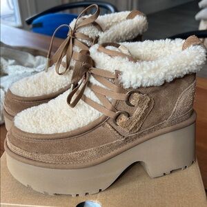 UGG New Heights Lace up. Cozy Brown and Cream Women's Platform Boots